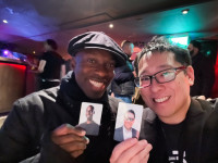 Samson Mow and Obi Nwosu with their personalised Laser Eyes Cards